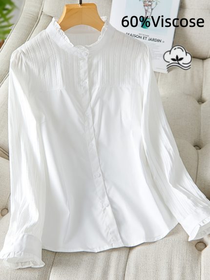 Plus Size, Plus Size Women's Top, New Elegant Minimalist Solid Color Long Sleeve Stand Collar Design Top