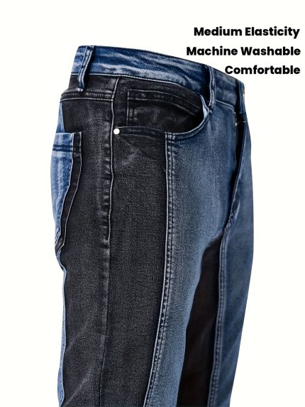 Men's Fashion Patchwork Casual Pants, Full-Weight Craftsmanship Style, Elastic Slim Fit, Comfortable and Durable Fabric, Medium Elasticity, Casual Style, Suitable for All Seasons, Machine Washable, Regular Fit