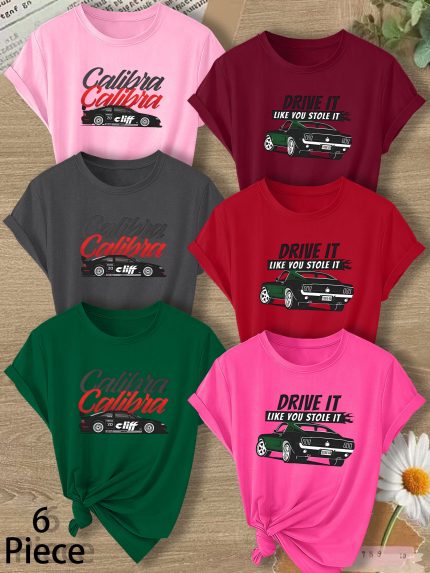Plus Size, 6pcs Set: Women's Plus-Size Fashionable Round-Neck Short-Sleeve T-Shirt with Car Print, Swear