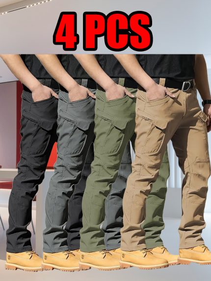Four Men'S Tactical Cargo Pants, Multiple Pockets - Durable Fabric for Outdoor Hiking And Construction Work, Springu002FAutumnu002FSummer Seasonal Versatility, Work Pants, Solid Color Design