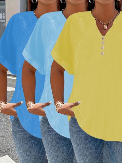 Plus Size - Plus Size - Set of Three Plus-Size Women'S Summer Casual V-Neck Button-Up Blouses with a Loose Fit And Short Sleeves, Made from Lightweight Material