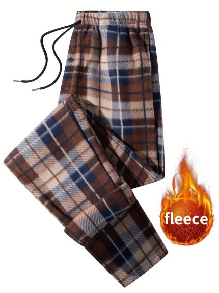 Men'S Double-Sided Brushed Flannel Plaid Long Pants with a Checkered Print, Casual Sports Trousers Featuring an Elastic Waistband And Two Side Pockets