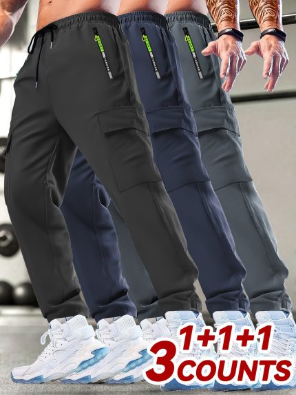 Set of 3 Men'S Casual Sports Cargo Pants with Drawstring Waist, Print Zip Pockets, Utility Pockets, Lightweight for Spring And Summer, Ideal for Outdoor Running And Training