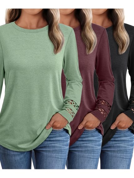 Plus Size, 3pcs Women's Long-sleeve Top Set, Spring-summer-autumn Fashion Casual Elegant Shirt with Round Neck and Lace Patchwork Long-sleeve T-shirt