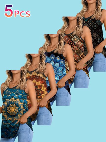 5pcs Vintage Ethnic Print Vest, Bohemian Style Loose Sleeveless Top