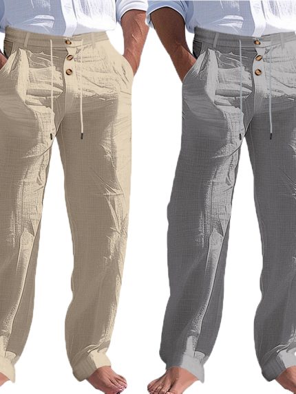 Casual Outdoor Solid Color Breathable Pants for Men, Featuring a Button And Drawstring Design, Suitable for Spring, Summer, And Autumn in Europe And America